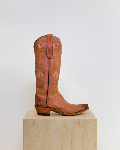 Vintage 1883 By Lucchese brown, floral cowboy boots with wooden sole. Women's size 8.
