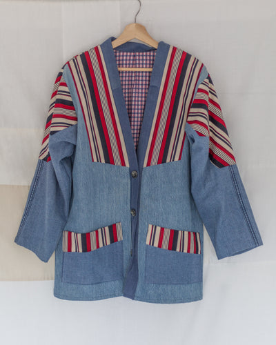 Vintage handmade denim blue and red core coat. Women's size large.