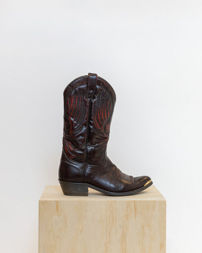 Vintage unisex black and red leather cowboy boots with gold toe tips. Women's size 9 to 10.